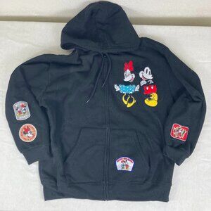 Disney Mickey Minnie Mouse Patch Zip Hoodie Black Embroidered XL